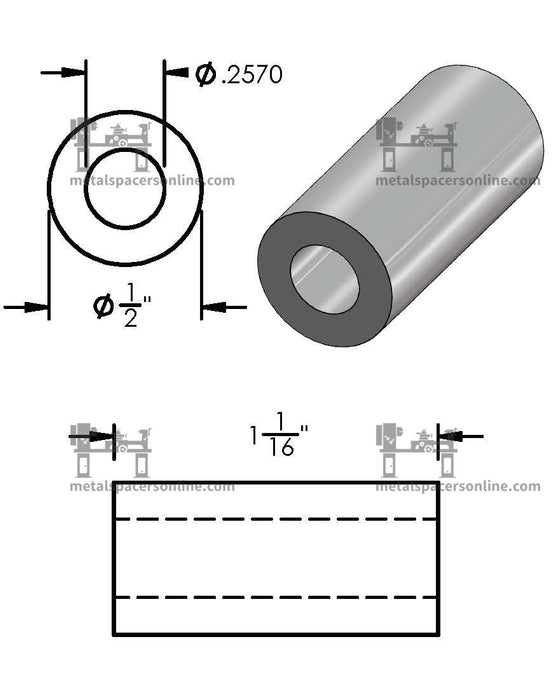 Mild Steel Spacer 1/2" OD X 1/4" ID - Metal Spacers Online