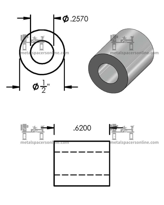 Mild Steel Spacer 1/2" OD X 1/4" ID - Metal Spacers Online