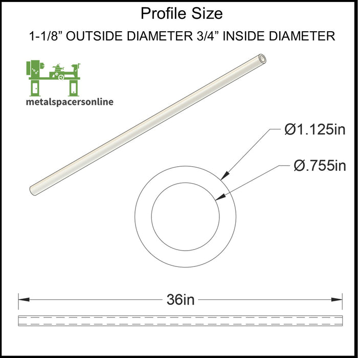 Aluminum Spacer 1-1/8" OD X 3/4" ID X 36" Long