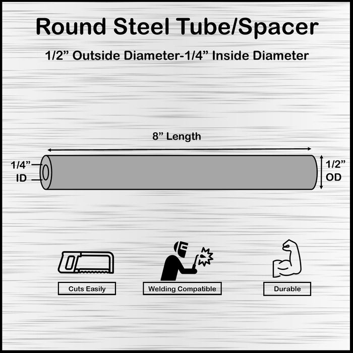 Long Mild Steel Spacer 1/2" OD X 1/4" ID x 8" Long