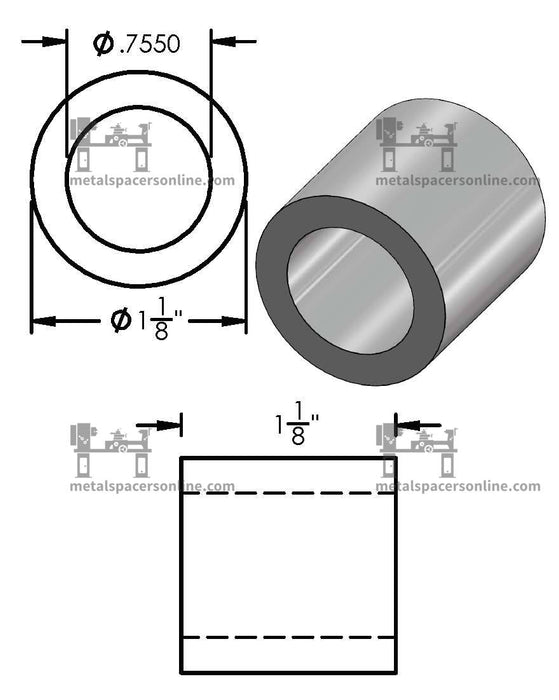 Aluminum Spacer 1-1/8" OD X 3/4" ID - Metal Spacers Online