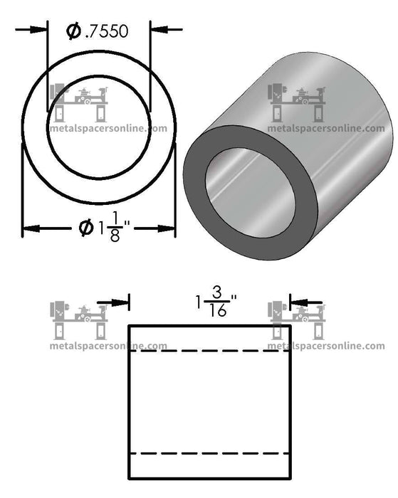 Aluminum Spacer 1-1/8" OD X 3/4" ID - Metal Spacers Online