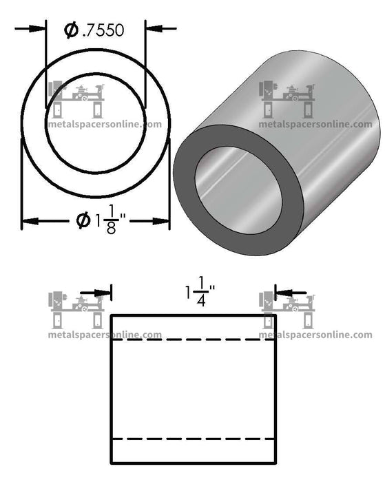 Aluminum Spacer 1-1/8" OD X 3/4" ID - Metal Spacers Online