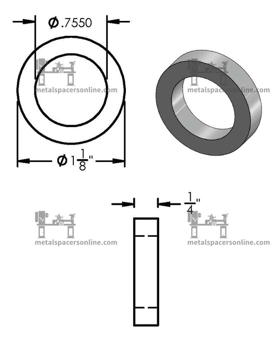 Aluminum Spacer 1-1/8" OD X 3/4" ID - Metal Spacers Online