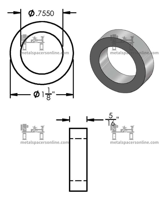 Aluminum Spacer 1-1/8" OD X 3/4" ID - Metal Spacers Online