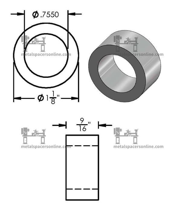 Aluminum Spacer 1-1/8" OD X 3/4" ID - Metal Spacers Online