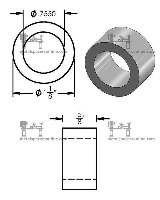 Aluminum Spacer 1-1/8" OD X 3/4" ID - Metal Spacers Online