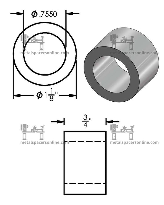 Aluminum Spacer 1-1/8" OD X 3/4" ID - Metal Spacers Online