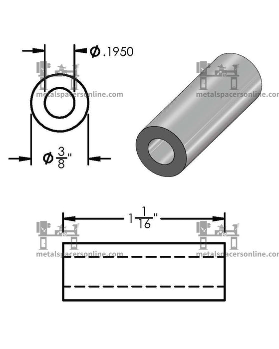 Aluminum Spacer 3/8" OD X 3/16" ID - Metal Spacers Online