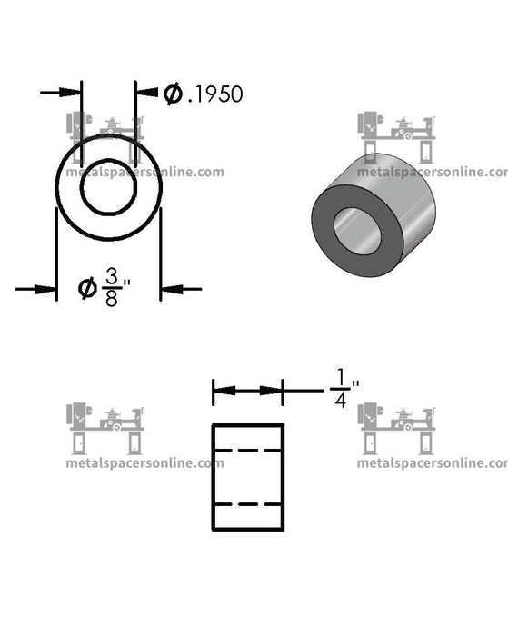 Aluminum Spacer 3/8" OD X 3/16" ID - Metal Spacers Online