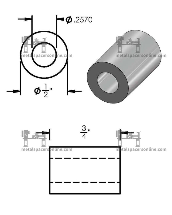 Aluminum Spacer 1/2" OD X 1/4" ID - Metal Spacers Online