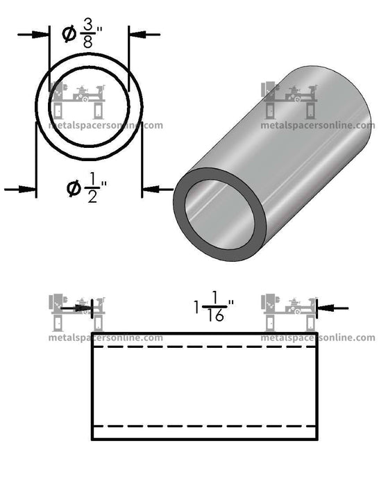 Aluminum Spacer 1/2" OD X 3/8" ID - Metal Spacers Online