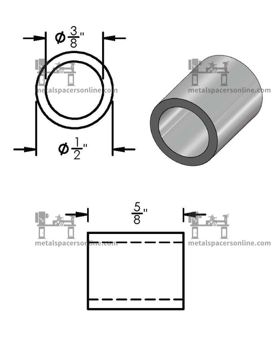 Aluminum Spacer 1/2" OD X 3/8" ID - Metal Spacers Online