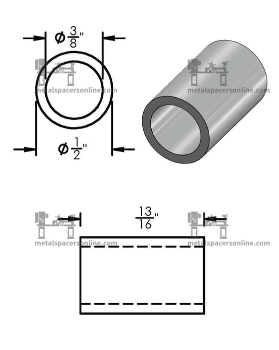 Aluminum Spacer 1/2" OD X 3/8" ID - Metal Spacers Online