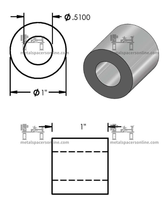 Black Aluminum Spacer 1" OD X 1/2" ID - Metal Spacers Online