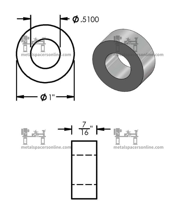 Black Aluminum Spacer 1" OD X 1/2" ID - Metal Spacers Online