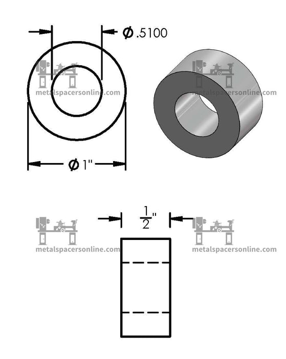 Black Aluminum Spacer 1" OD X 1/2" ID - Metal Spacers Online