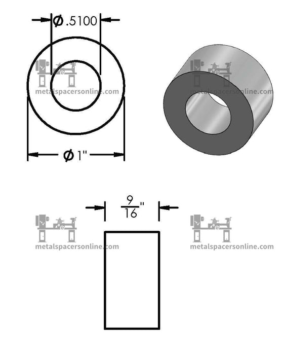 Black Aluminum Spacer 1" OD X 1/2" ID - Metal Spacers Online