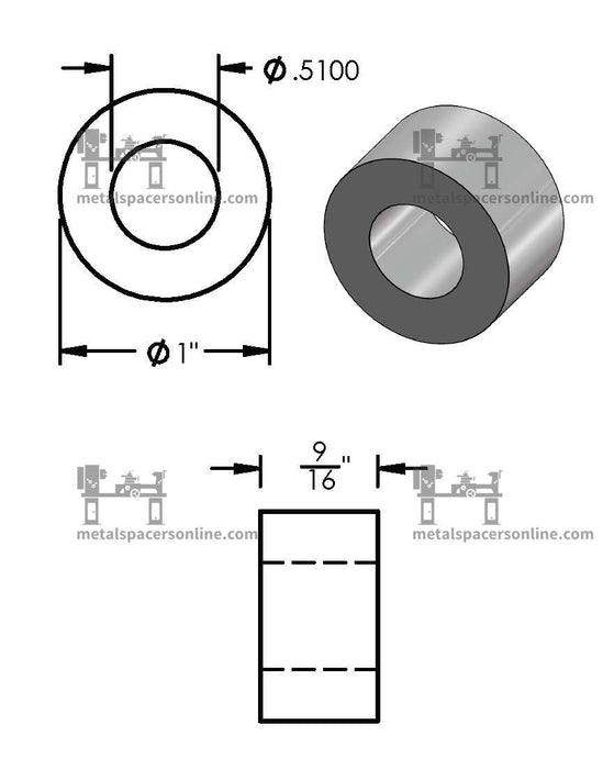 Black Aluminum Spacer 1" OD X 1/2" ID - Metal Spacers Online