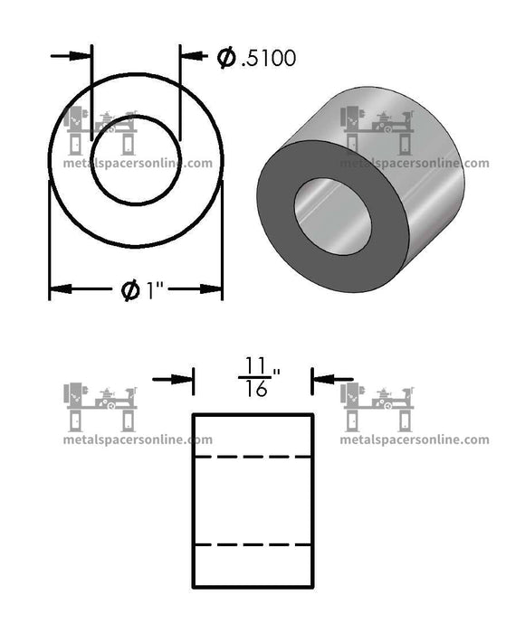 Black Aluminum Spacer 1" OD X 1/2" ID - Metal Spacers Online