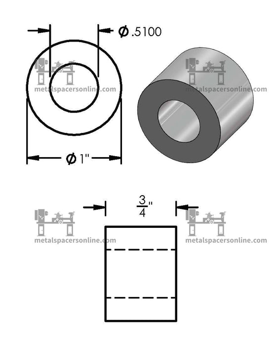 Black Aluminum Spacer 1" OD X 1/2" ID - Metal Spacers Online