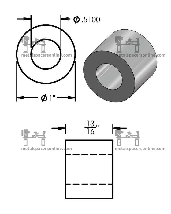 Black Aluminum Spacer 1" OD X 1/2" ID - Metal Spacers Online