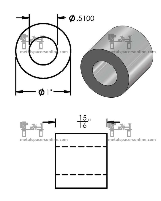 Black Aluminum Spacer 1" OD X 1/2" ID - Metal Spacers Online