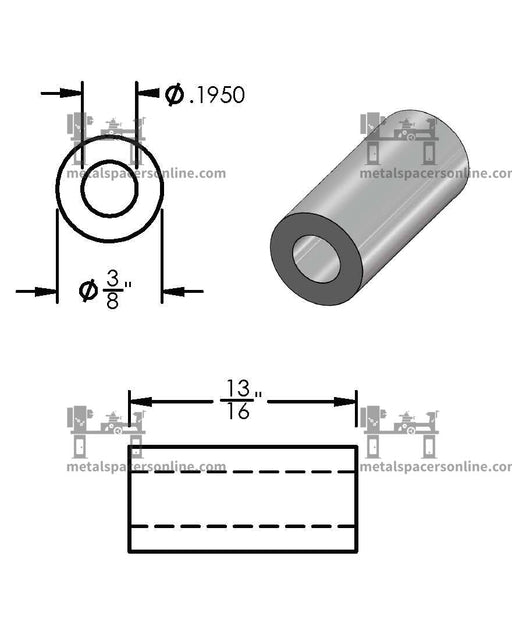 Black Aluminum Spacer 3/8" OD X 3/16" ID - Metal Spacers Online