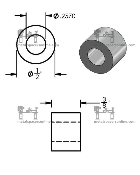 Black Aluminum Spacer 1/2" OD X 1/4" ID - Metal Spacers Online