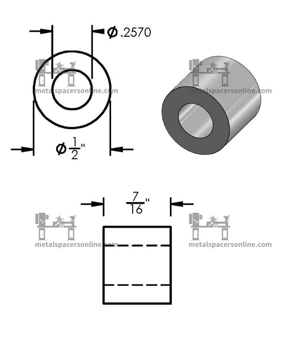 Black Aluminum Spacer 1/2" OD X 1/4" ID - Metal Spacers Online