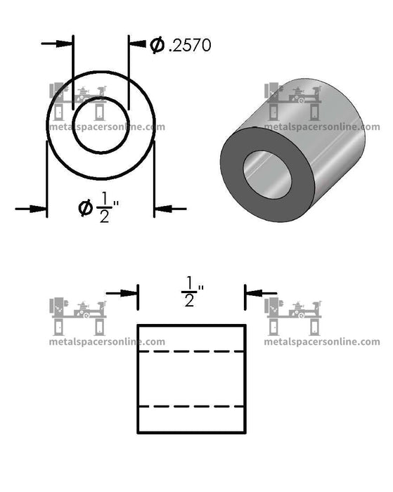 Black Aluminum Spacer 1/2" OD X 1/4" ID - Metal Spacers Online