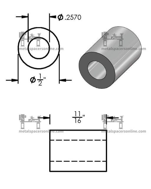 Black Aluminum Spacer 1/2" OD X 1/4" ID - Metal Spacers Online