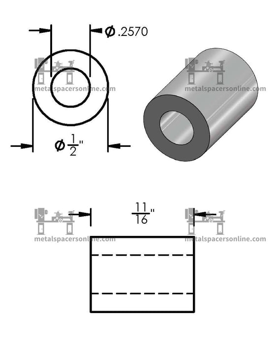 Black Aluminum Spacer 1/2" OD X 1/4" ID - Metal Spacers Online