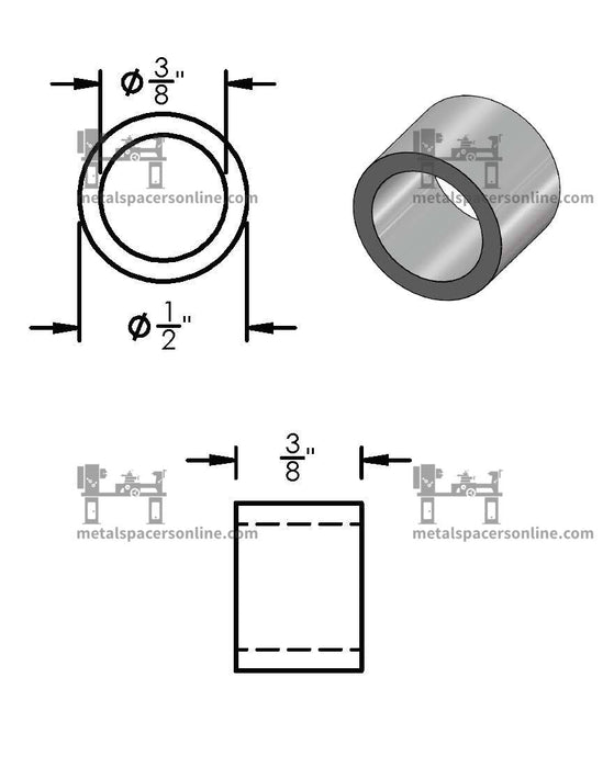 Black Aluminum Spacer 1/2" OD X 3/8" ID - Metal Spacers Online