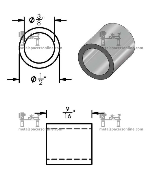 Black Aluminum Spacer 1/2" OD X 3/8" ID - Metal Spacers Online