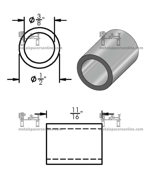 Black Aluminum Spacer 1/2" OD X 3/8" ID - Metal Spacers Online