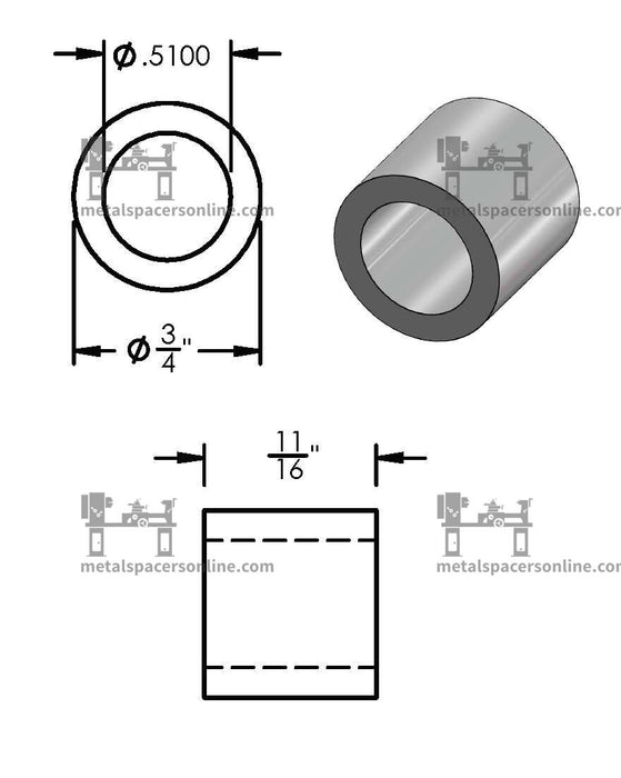 Black Aluminum Spacer 3/4" OD X 1/2" ID - Metal Spacers Online